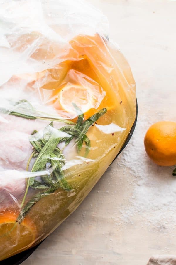 overhead photo of turkey in a brining bag