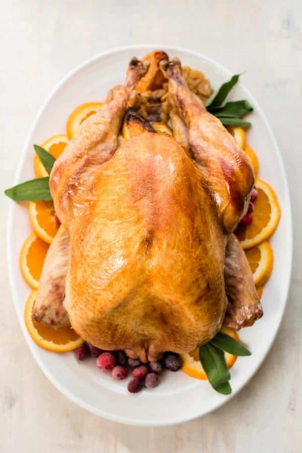 Overhead photo of roasted orange sage turkey brine