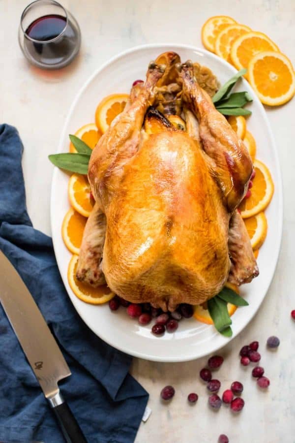 Overhead photo of roasted thanksgiving turkey