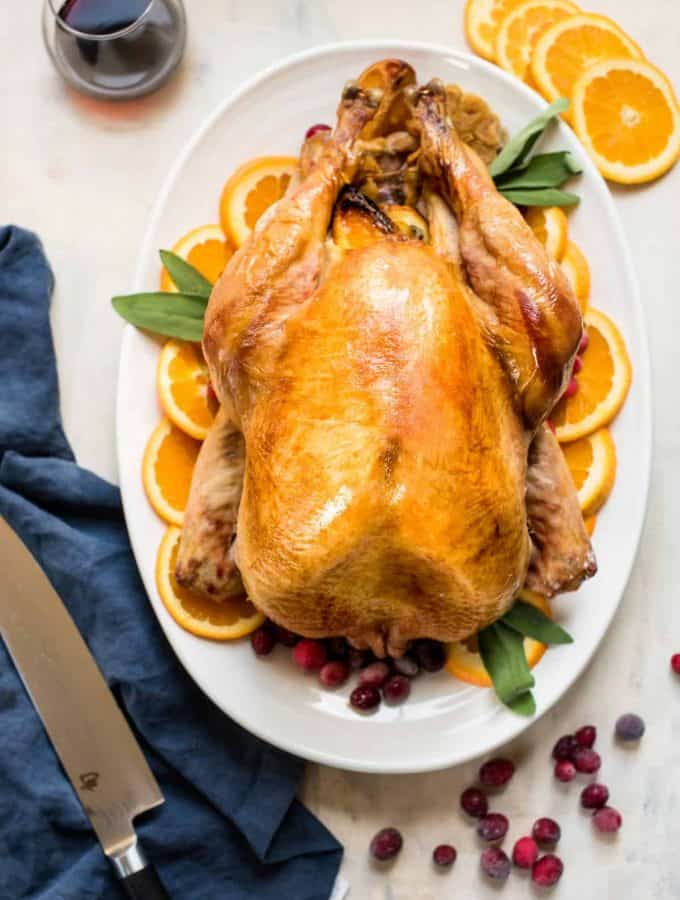 Overhead photo of roasted thanksgiving turkey