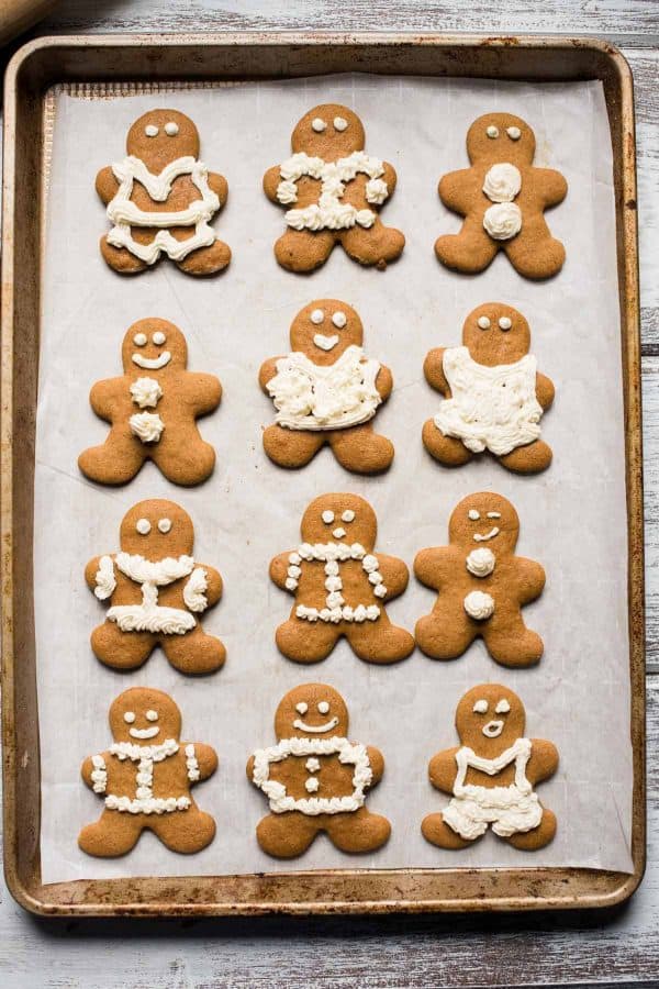 overhead photo of tray of gingerbread cookies