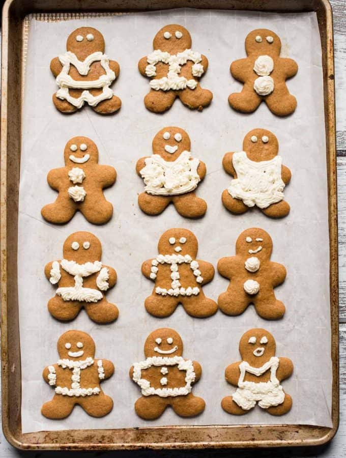 overhead photo of tray of gingerbread cookies