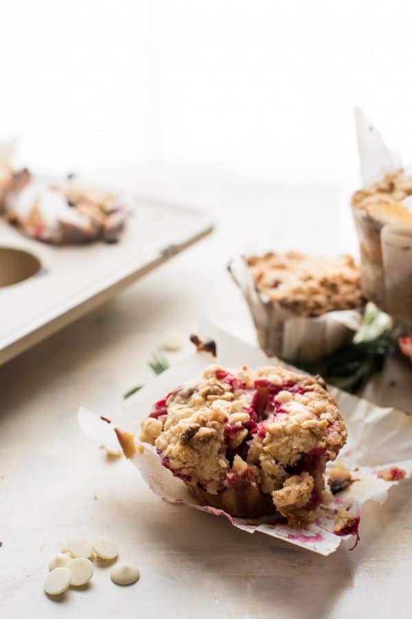 cranberry rose mary muffins with white chocolate crumble