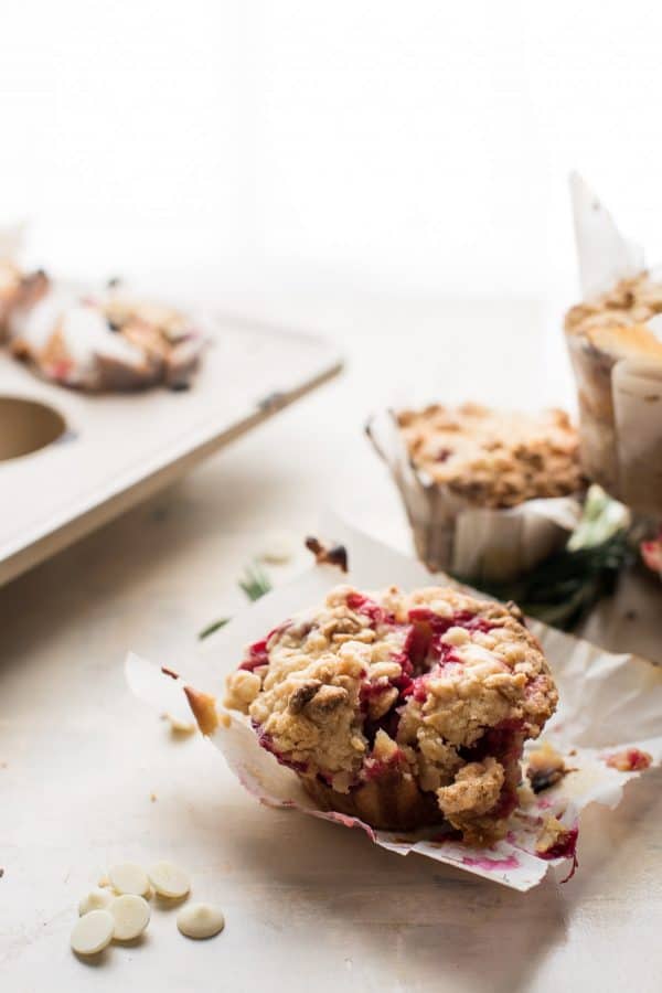 cranberry rosemary muffins with white chocolate crumble