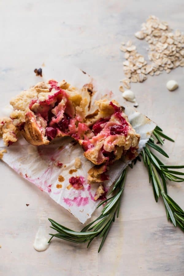 overhead photos of cranberry rosemary muffin in half