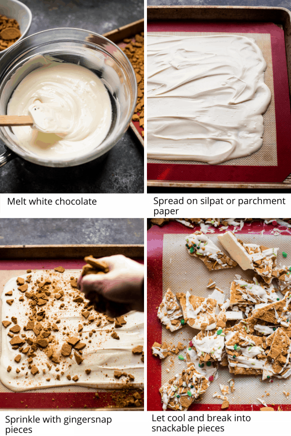 collage of steps to make gingerbread bark