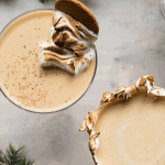 overhead close up of gingerbread eggnog with toast meringue garnish