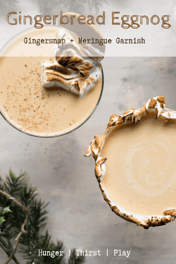 Creamy traditional eggnog laced with spicy ginger, sweet molasses and boozy rum. Meringue garnish is a fancy and fun way to style your cocktail! #holidaycocktails #eggnogcocktails