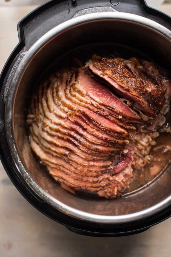 overhead view of spiral ham in an instant pot