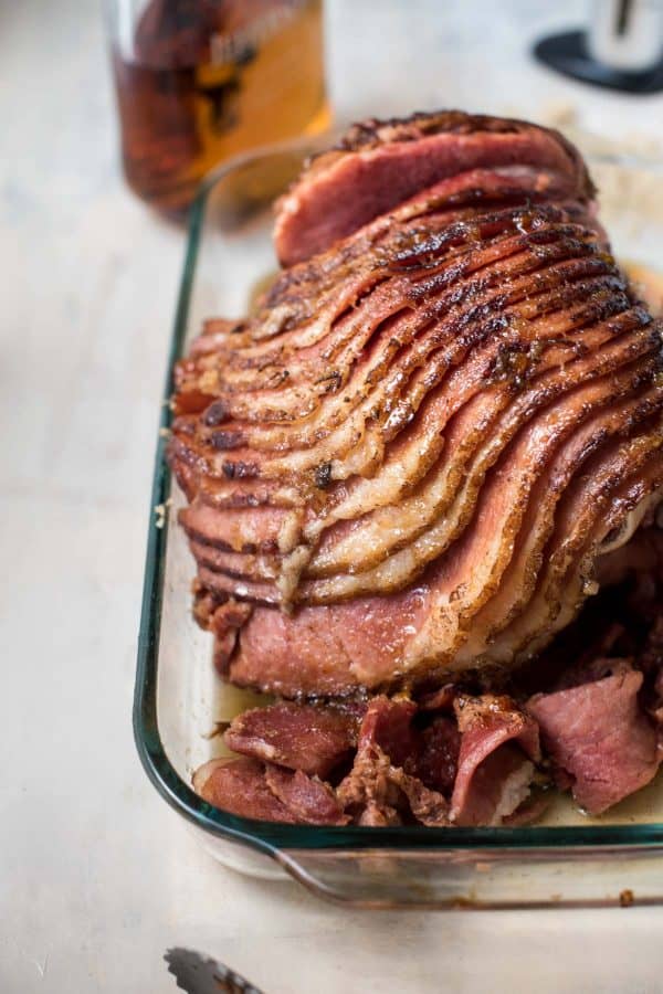 instant pot bourbon ham in a baking dish