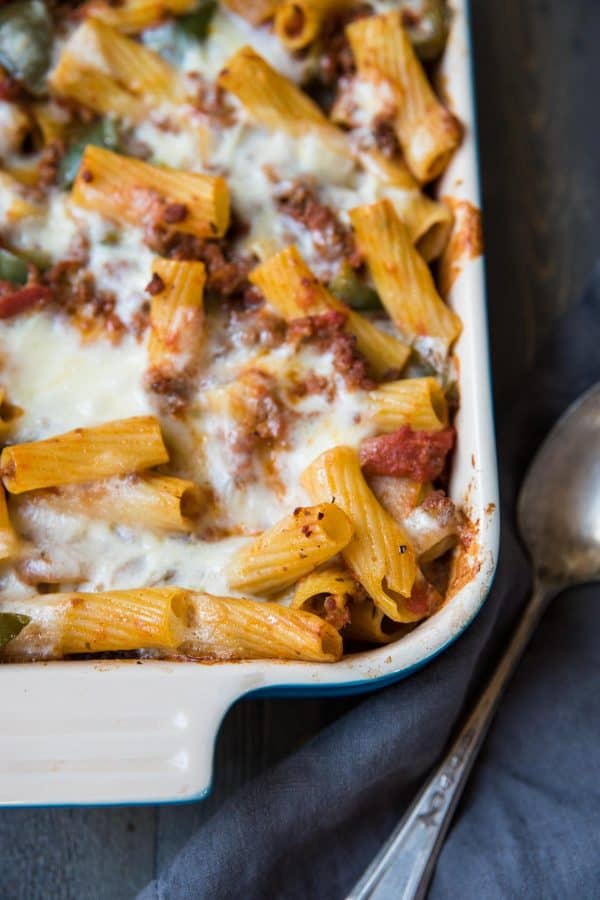 overhead photo of baked susage and pepper pasta