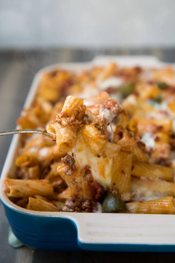 cheese rigatoni pasta being scooped