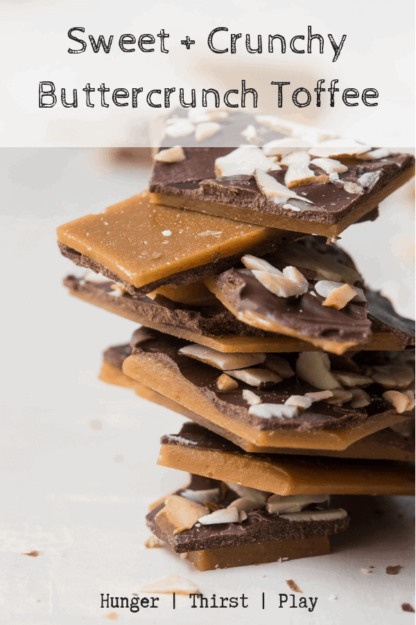 The best homemade candy! Simple to make, cools quick and disappears fast. Buttercrunch Toffee is sweet, crunch brown sugar topped with creamy milk chocolate and crunch sliced almonds. #buttercrunch #candy