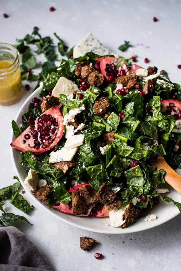 winter kale salad with blue cheese and pomegranate