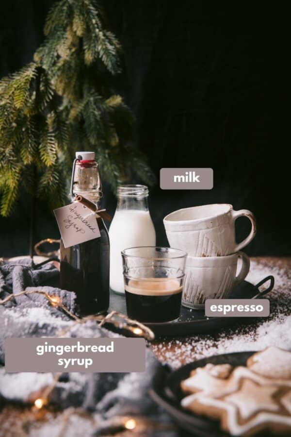 labeled ingredients for a gingerbread latte