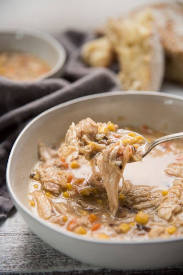 spoonful of hearty instant pot creamy chicken and wild rice soup