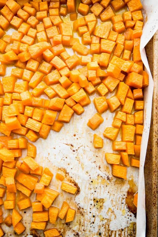 cubed butternut squash roasted with oil and pure maple syrup