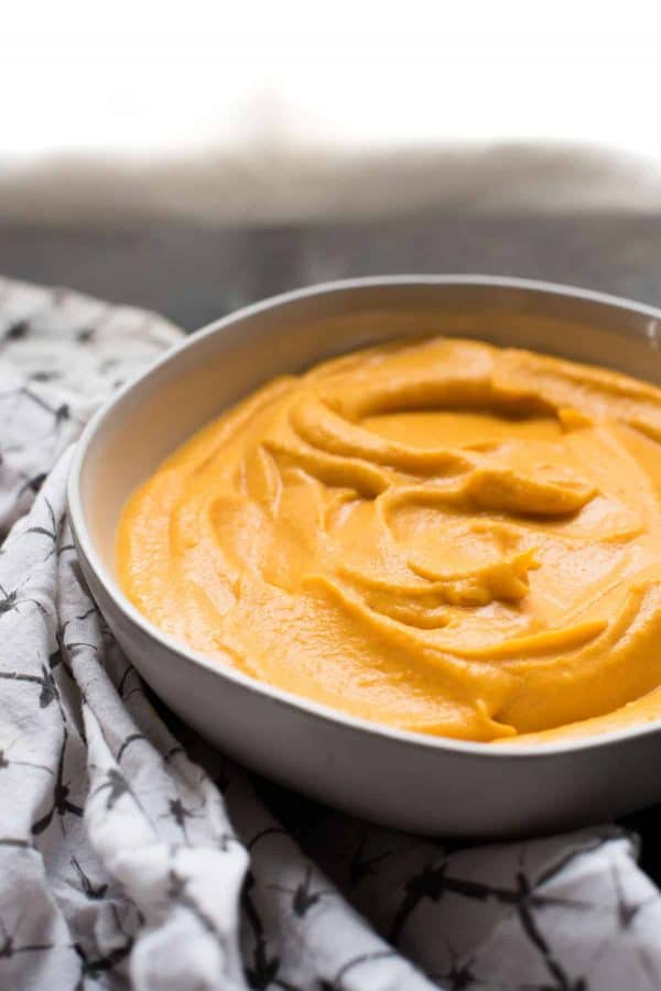 creamy butternut squash roasted with pure maple syrup resting in a bowl