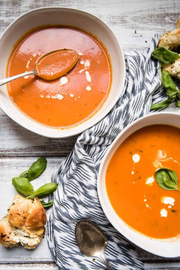 Overheat view of two bowls of soup