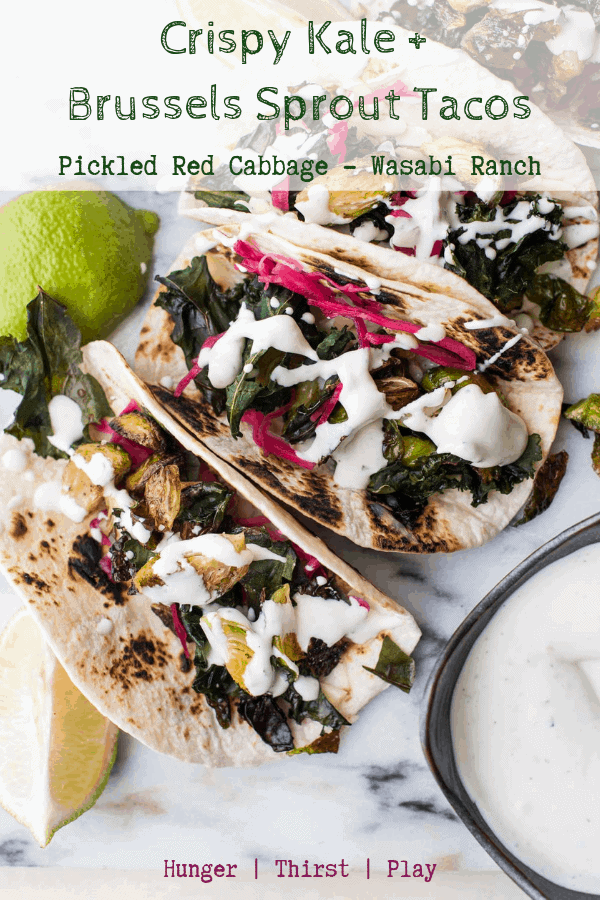 The best vegetarian tacos! Roasted brussels sprouts, crispy kale, pickled red cabbage, melty cheese, and tangy wasabi ranch. Simple and delicious! #tacos #vegetariantacos