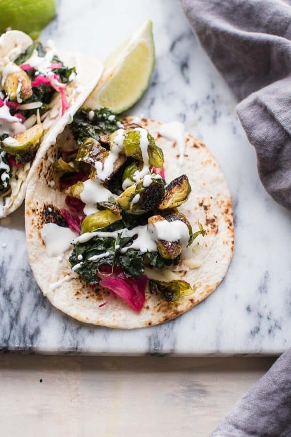 stuffed crispy kale and brussels sprout tacos