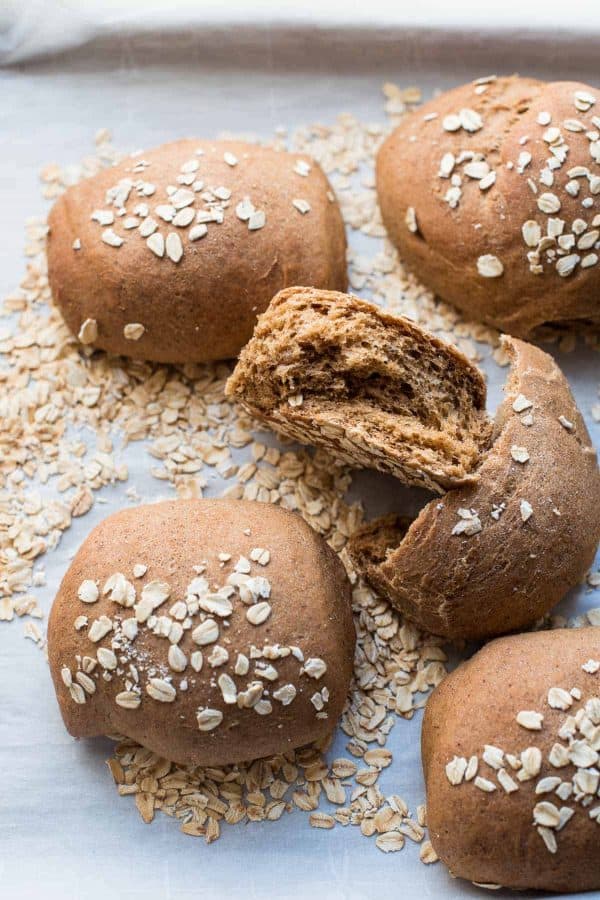 overhead photos of honey wheat brown bread rolls