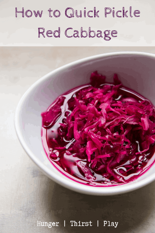 A tangy, crunchy topping or side ready to go in 30 minutes! This quick pickled red cabbage is the great on top of tacos, sandwiches or to put on a cheeseboard for a pop of color and balance of acidic taste! #pickledcabbage #howtopickle