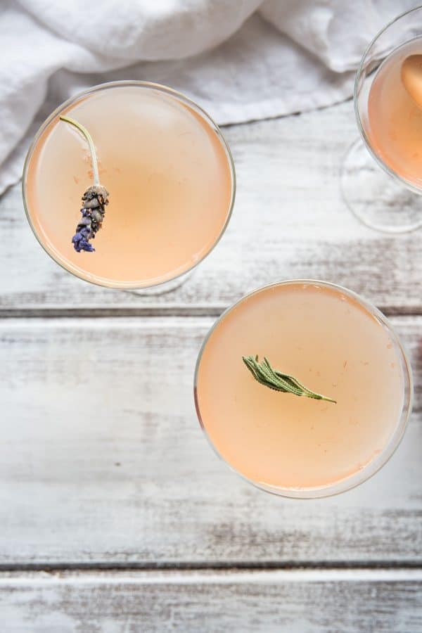 overhead photo of lavender grapefruit mimosa