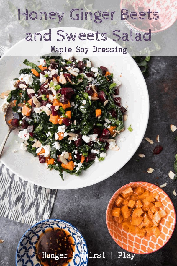 The best way to eat beets! Roasted beets and sweet potatoes, crispy kale, creamy goat cheese and sliced almonds tossed with the best maple soy dressing! #beets #roastedbeets #beetsalad #beetsandsweetpotatoes #healthyrecipes #saladrecipes #wintersalads