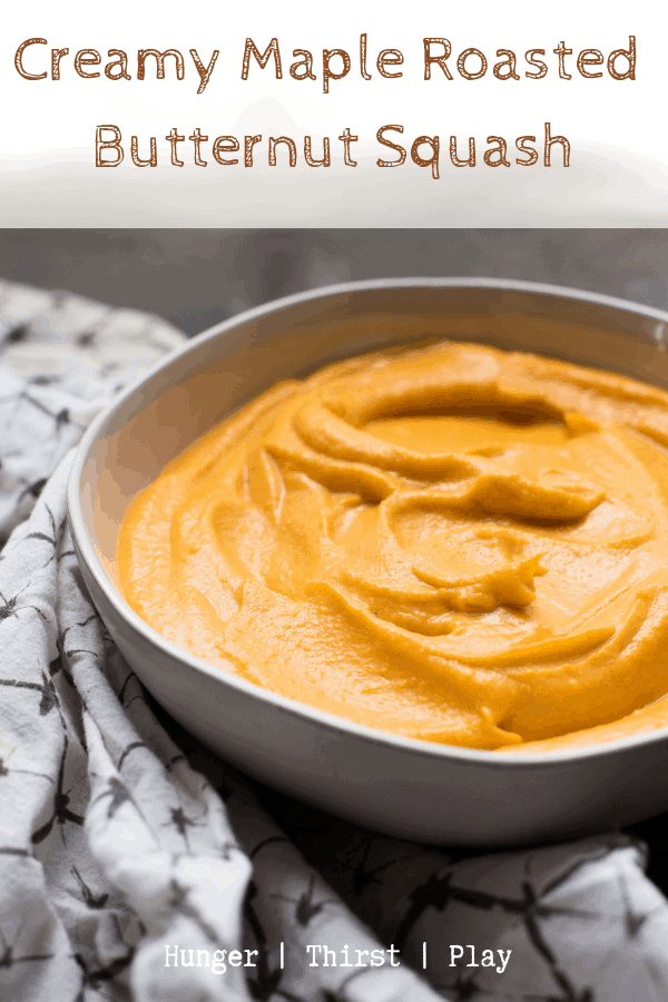 Four ingredient side dish is here to help dinner! Butternut squash roasted with pure maple syrup and oil, then blended with tangy sour cream until smooth, velvety, and rich.