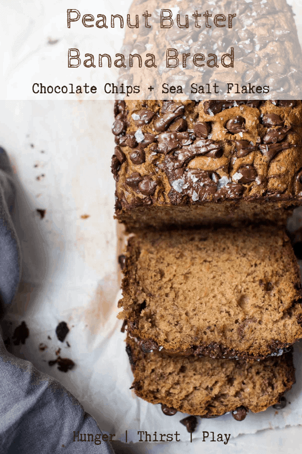 Super moist banana bread laced with peanut butter, topped with chocolate chips and sea salt flakes. This quick and easy banana bread is easy to make and perfect for breakfast or dessert! #bananabread #chocolatenadpeanutbutter #chocolatepeanutbutter #peanutbutterbread #freshbread