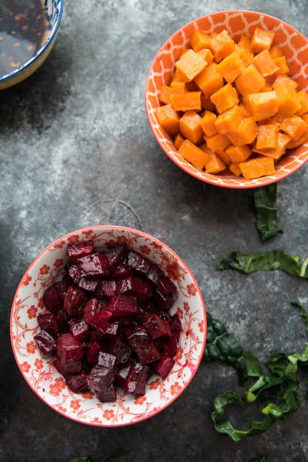 honey ginger roasted beets and sweet potatoes
