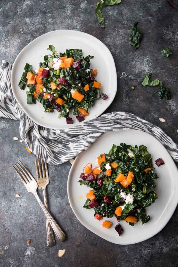 overhead photo of plated sweets and beets salad