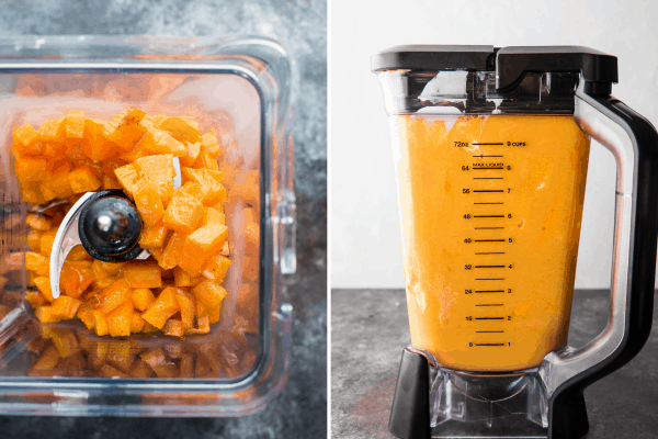 collage of roasted butternut squash cubed and blended