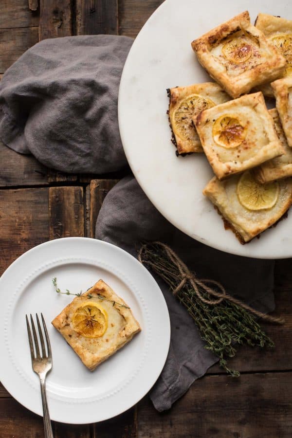 overhead view of meyer lemon ricotta pastries on a platter