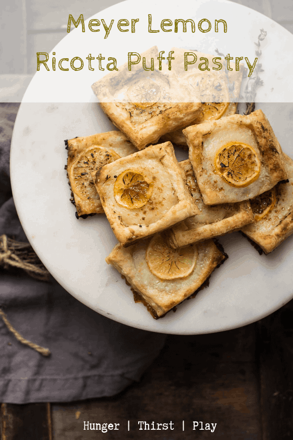 Easy, quick and shareable dessert! Meyer Lemon Ricotta Puff Pastry is perfect the brunch food too! Crispy, flaky layers of puff pastry topped with creamy sweet lemon ricotta and a caramelized sugar meyer lemon slice on top. #brunch #easydessert