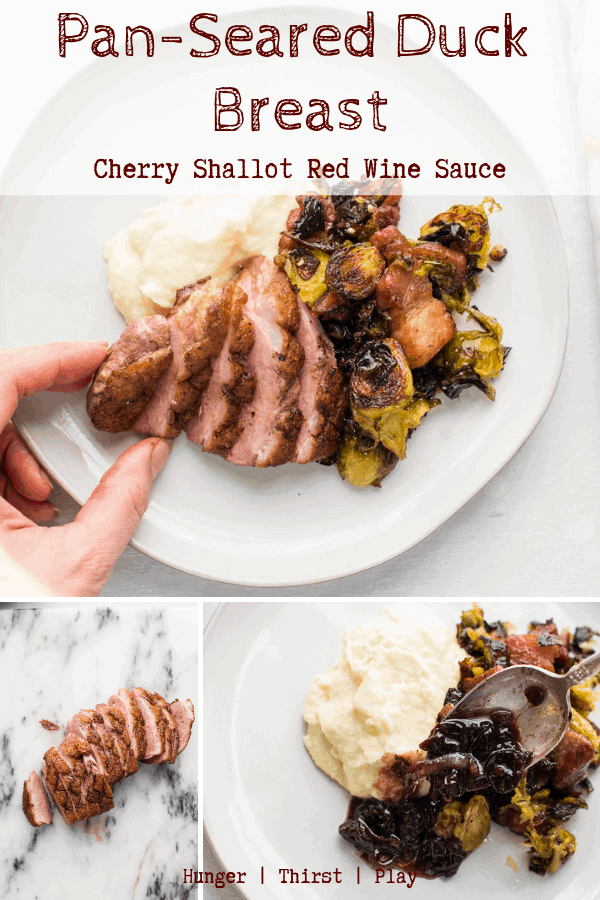 Pan-seared duck breast is so simple and easy but tastes elegant and fancy! Perfect for date night in, a special anniversary meal or Valentine's Day dinner, pan seared duck breast over cherry shallot wine sauce will be a hit! #duckbreast #anniversary