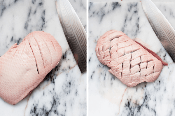 collage of scoring the fat of a duck breast