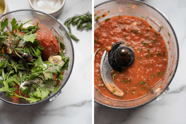 before and after of homemade pizza sauce ingredients in the food processor