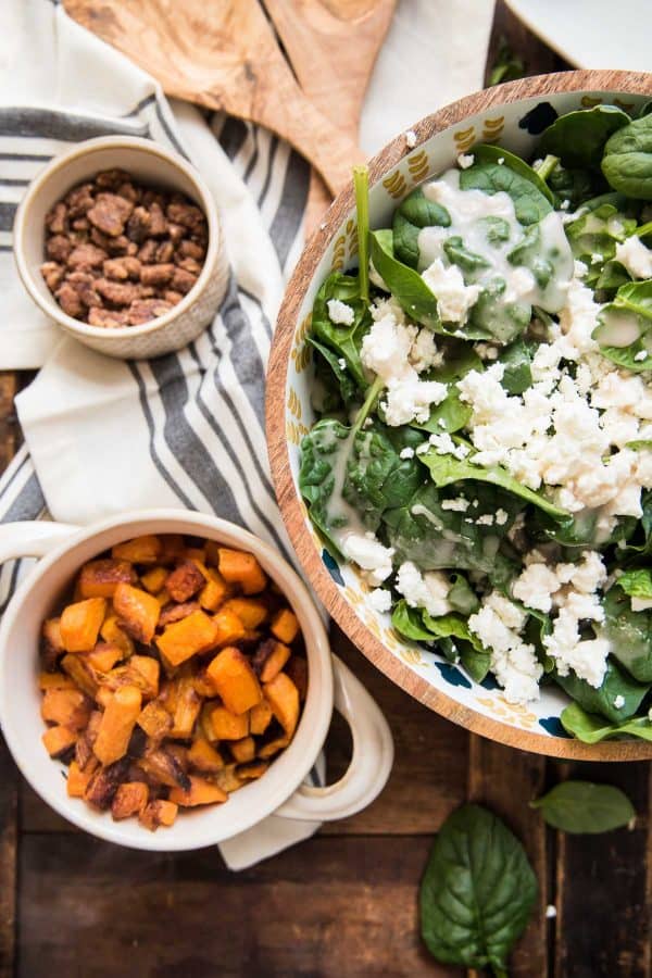 ingredients for warm spinach salad with goat cheese and roasted butternut squash