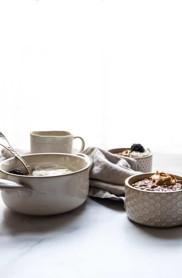 bowls of different sizes with chocolate steel cut oats