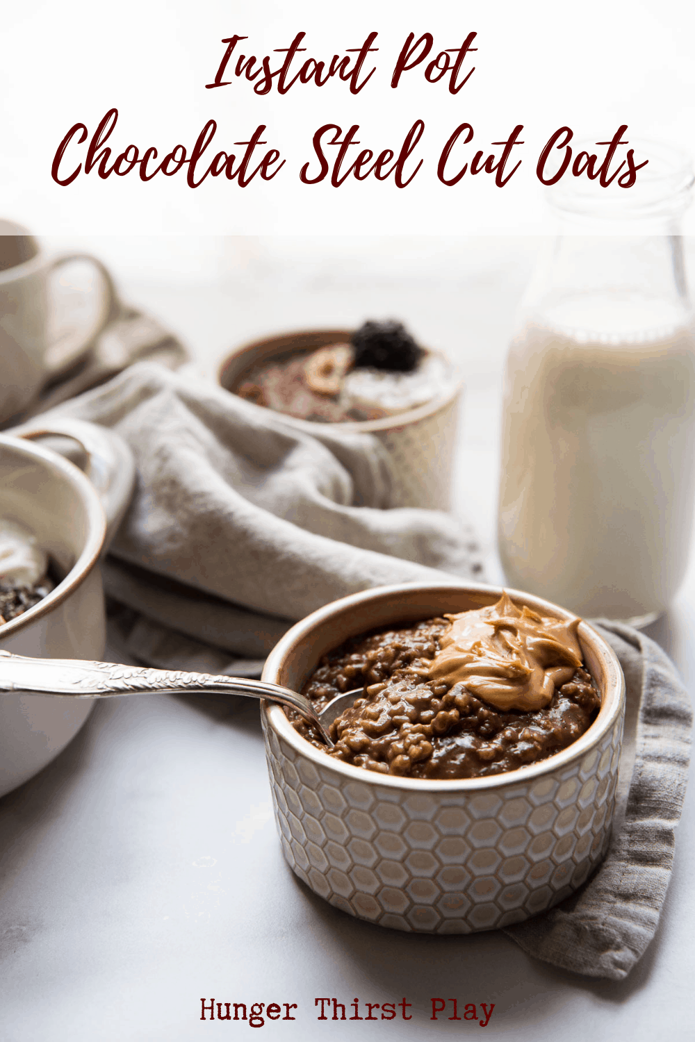 An easy, healthy breakfast for chocolate lovers! Instant Pot Chocolate Steel Cut Oats are rich, creamy, vegan, and full of chocolate flavor with the perfect texture. You'll never make stove top steel cut oats again after trying them in the Instant Pot!