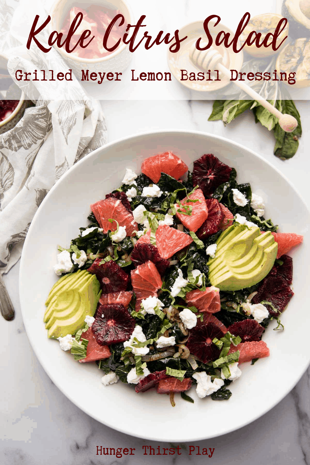 Kale citrus salad is the best easy salad recipe to get ready for fresh spring flavors! Lemon dressing massaged kale with grapefruit and blood orange, buttery savory shallots, creamy goat cheese and sweet honey drizzle. Make this Kale Citrus Salad as a side dish or top with protein and enjoy as a main dish.