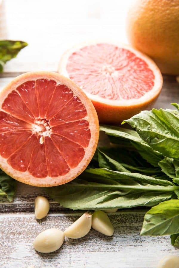 ingredients for grapefruit basil pecan pesto