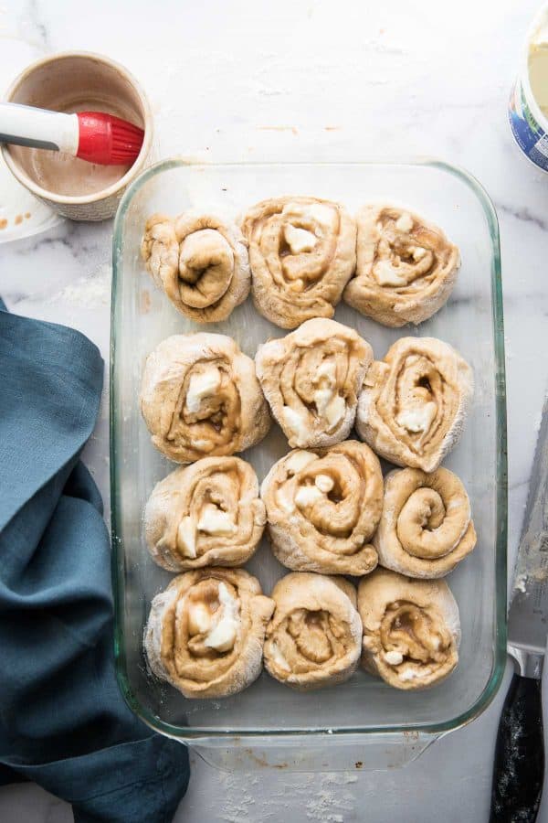 Overhead of tiramisu cinnamon rolls before baking