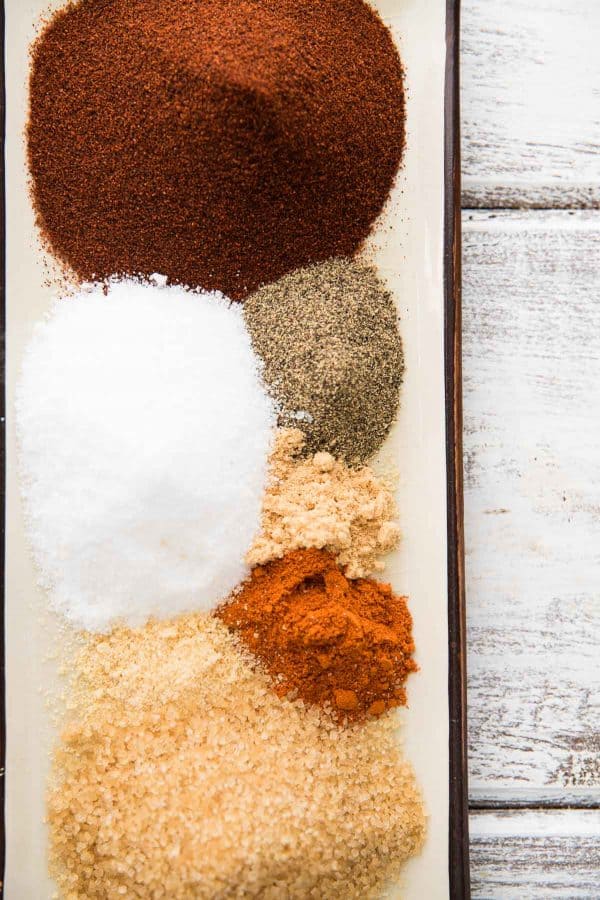 overhead view of spice rub ingredients separated