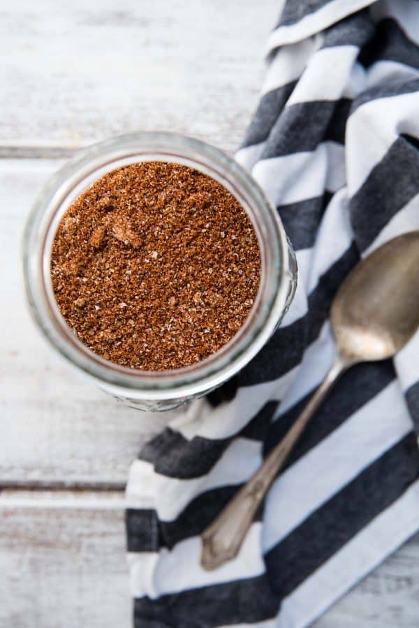 overhead view of spice rub in a mason jar