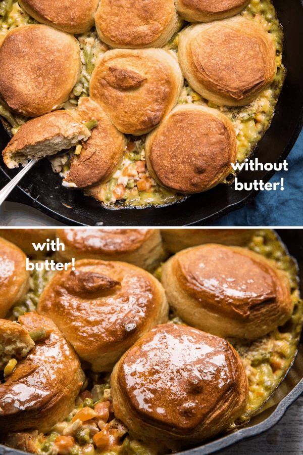 collage comparing biscuits topped with and without butter