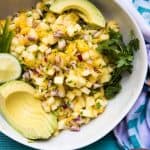 close up overhead view of pineapple mango salsa