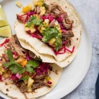 overhead view of carnitas on tortilla